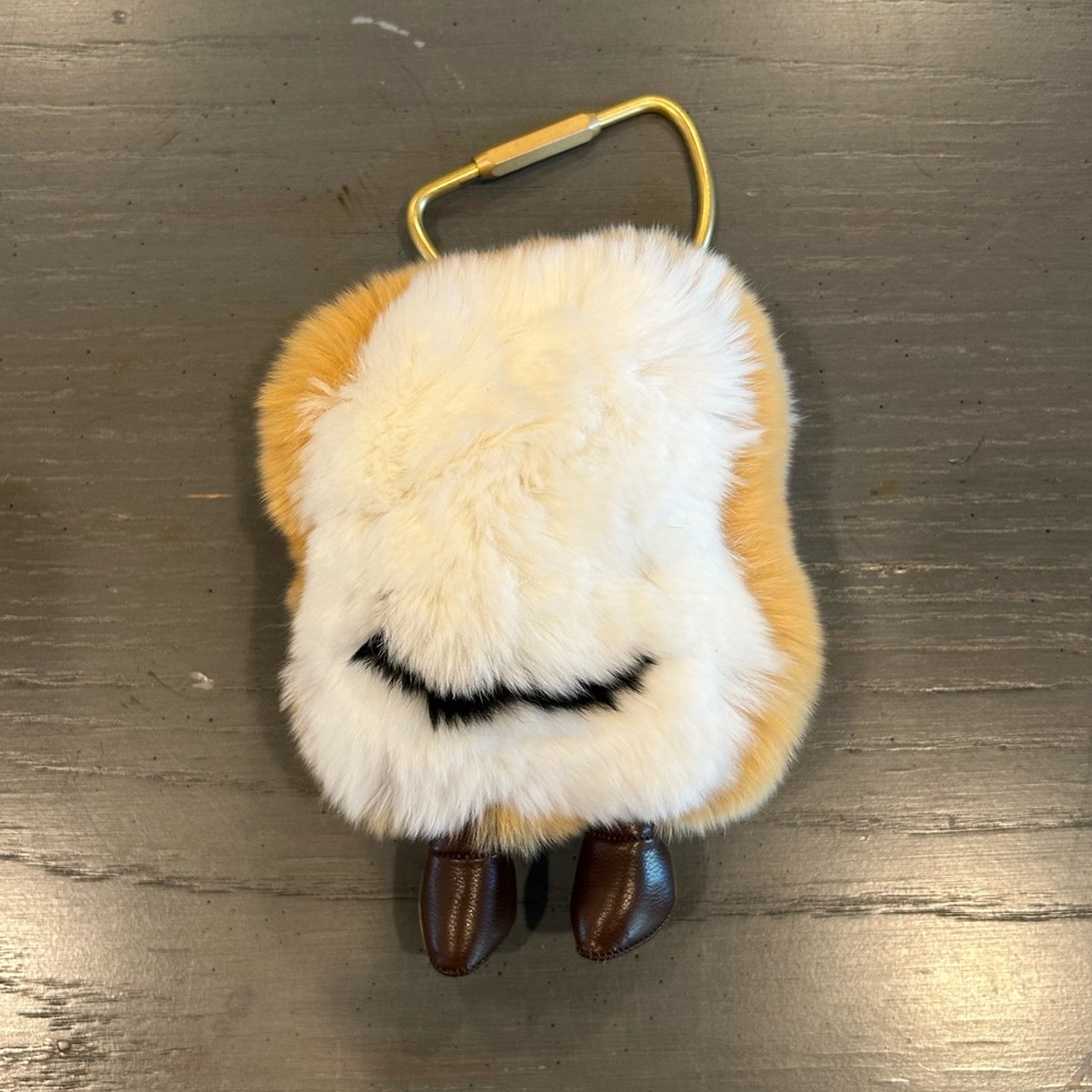 Faux Fur Fluffy White and Brown Toast Keychain Bag Charm